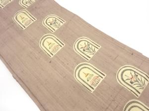 紗紬型絵染抽象に寺院・菖蒲模様名古屋帯